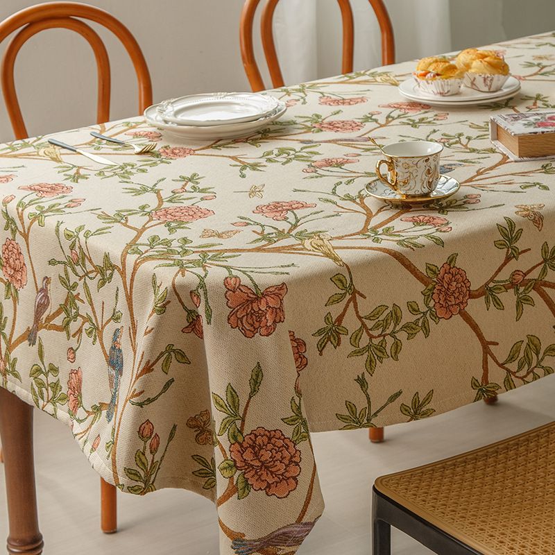 ​​Premium Chenille Tablecloth - Jacquard Floral Bird Pattern Rectangular Dining Table Cover_voghion.com
