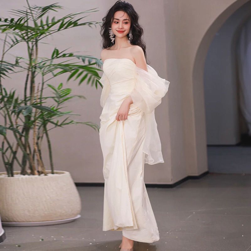 Women's Clothing Strapless Light Wedding Dress For Brides Simple Long Satin Wedding Dress Fairy Forest Style Morning Gown Dress_voghion.com