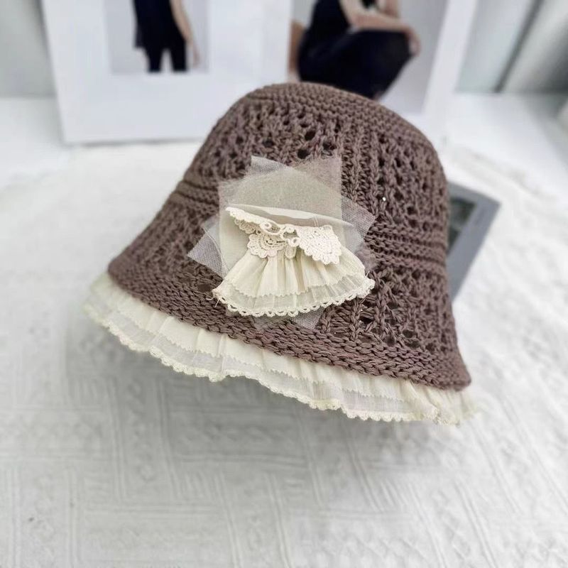 Summer Hat Lace Straw Hat Breathable New Beach Hollow Sunscreen Sun Hat Bucket Hat Woven Fresh_voghion.com