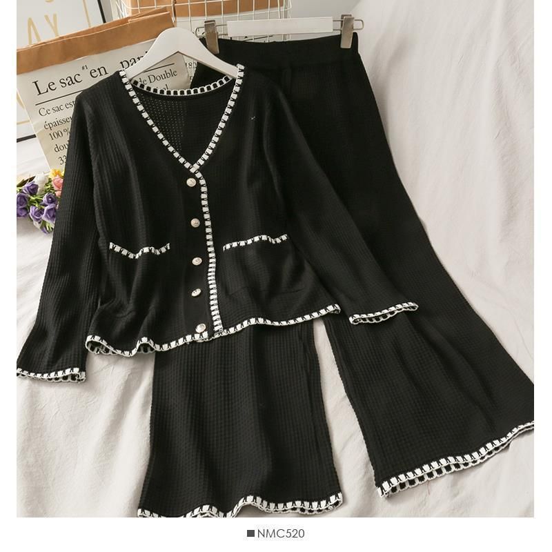 Damenbekleidung Modischer Anzug in Übergröße für Damen, neue farblich passende V-Ausschnitt, langärmeliges Strickoberteil, elastische Taille + schmale Hose mit weitem Bein_voghion.com