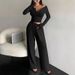 2025 Women Button Solid Sweatsuit Set Autumn Spring Casual Suits 2 Two Piece Tracksuit V-neck Wide-leg Pants Sets Female Outfits_voghion.com