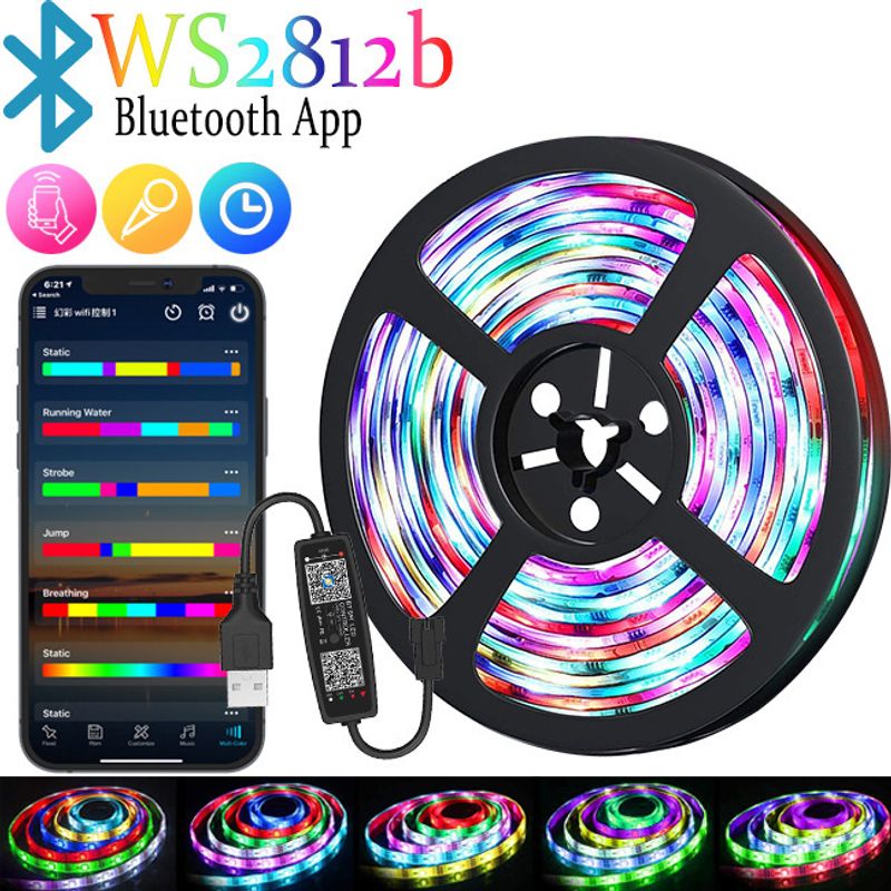 Striscia LED RGB 5050 WS2812B, alimentata tramite USB, controllo tramite app Bluetooth, illuminazione d'atmosfera con cambio colore per casa, giochi e feste._voghion.com