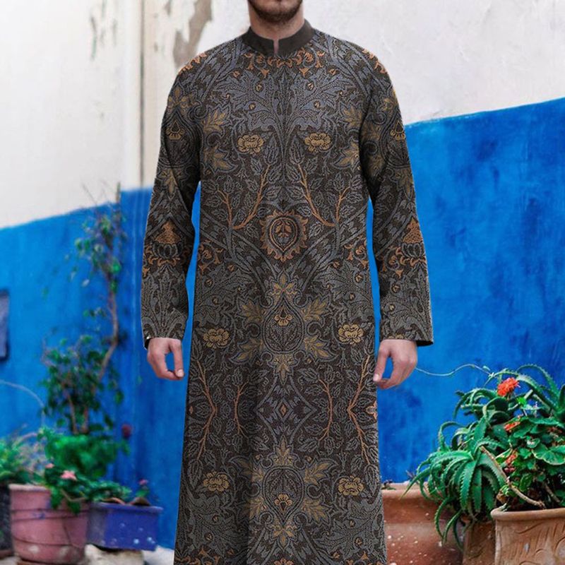 Man's clothing Loose cotton casual stand collar print ethnic style robe shirt_voghion.com