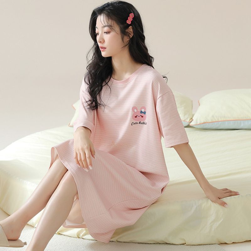 Sleeping dress, women's summer sleepwear, short sleeved, simple loose, sweet cartoon, cute and fresh, suitable wearing_voghion.com
