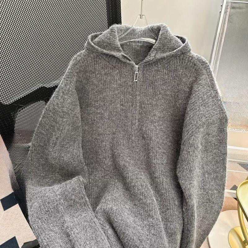 Maglione con cappuccio a mezza zip da uomo autunno e inverno alla moda, stile casual retrò, ampio e casual, in maglia_voghion.com