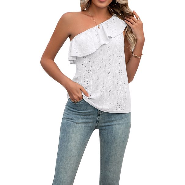 Gilet da donna estivo, con spalle scoperte, semplice e versatile, con smussatura asimmetrica, con spalline larghe e bordo a foglia di loto_voghion.com