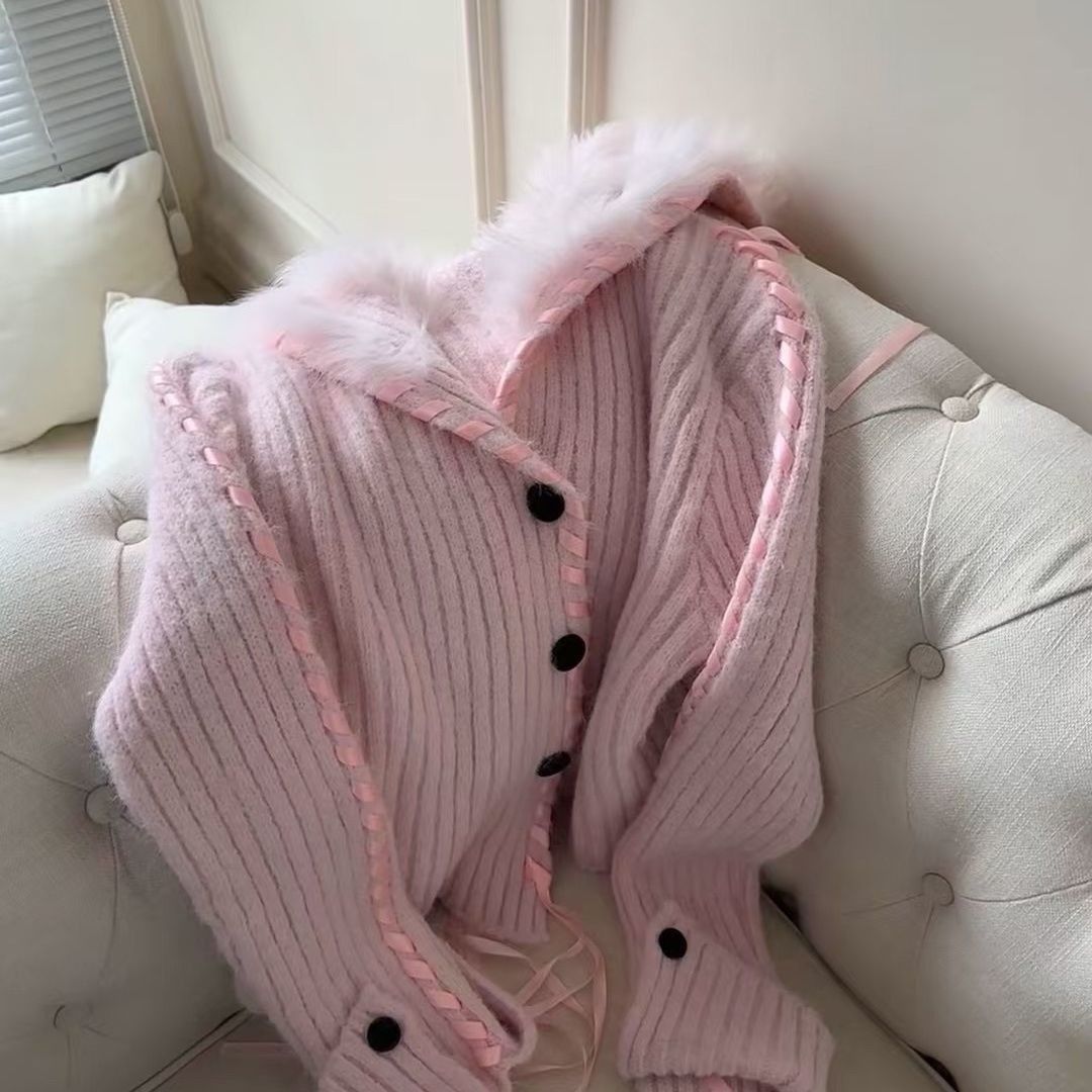 Cardigan corto in maglia con colletto blu navy, comodo cappotto oversize da donna in misto lana di alpaca_voghion.com