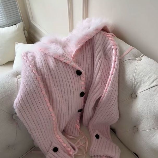 Cardigan corto in maglia con colletto blu navy, comodo cappotto oversize da donna in misto lana di alpaca_voghion.com