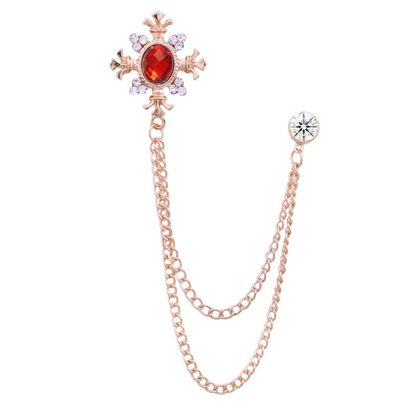 Retro palácový drahokam brož pánský oblekový pin vintage kamínkový kříž střapec klopové pin s řetízkovým odznakem luxusní šperky doplňky_voghion.com