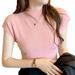 Women's summer new solid color simple short-sleeved knitted sweater top sleeveless half turtleneck short ice silk_voghion.com
