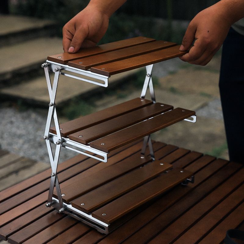 Outdoor Three-Layer Rack Solid Wood Foldable Portable Camping Folding Multi-Layer Multi-Function Storage Table_voghion.com