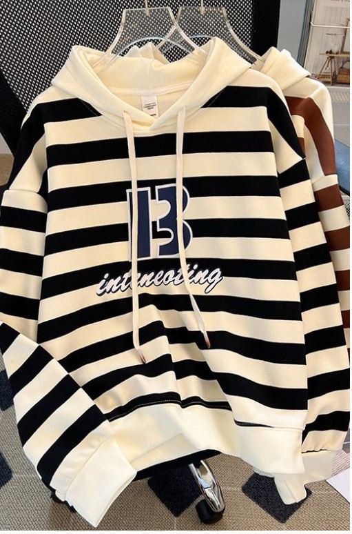 Damkläder Stor storlek 2 300 catties design huva randig plus sammet förtjockad tröja dam retro topp lös mångsidig kappa_voghion.com