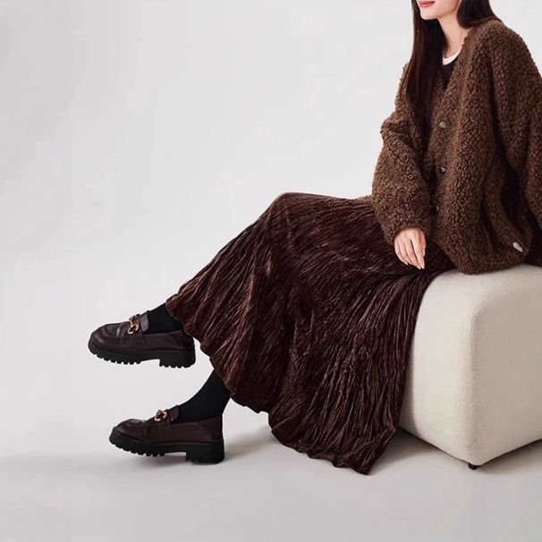 Gonna lunga midi in velluto pesante con ricami GraceChic, stile coreano, casual, autunno inverno, da donna X_voghion.com