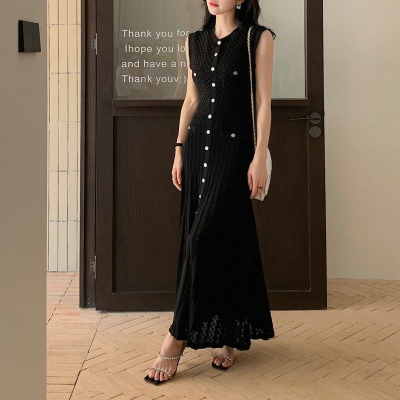Rochie de vară pentru femei, cu imprimeu denim, în culori contrastante, tricotată, cu talie subțire, fustă lungă pentru femei_voghion.com