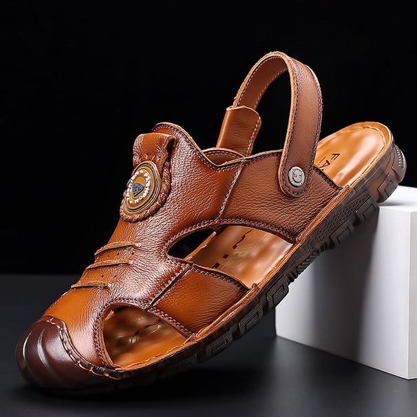Summer New Sandals Top Layer Beach Casual Leather Cowhide Soft Sole Stitching Toe Cap Men's Shoes_voghion.com