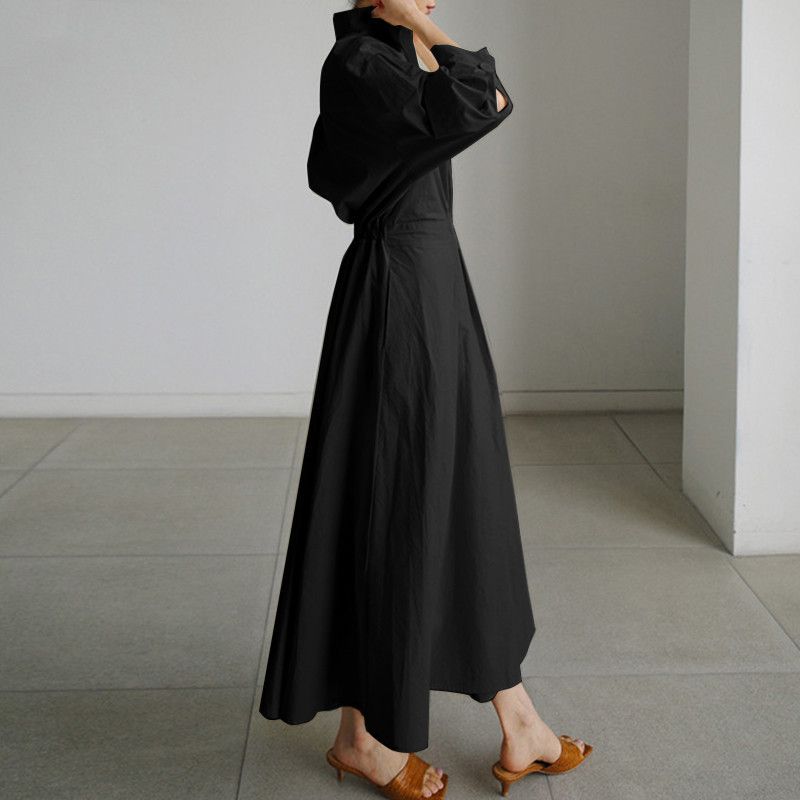 Damenbekleidung Elegantes Hemdkleid Einfarbig Langarm Weiblich Lässig Hohe Taille Robe_voghion.com