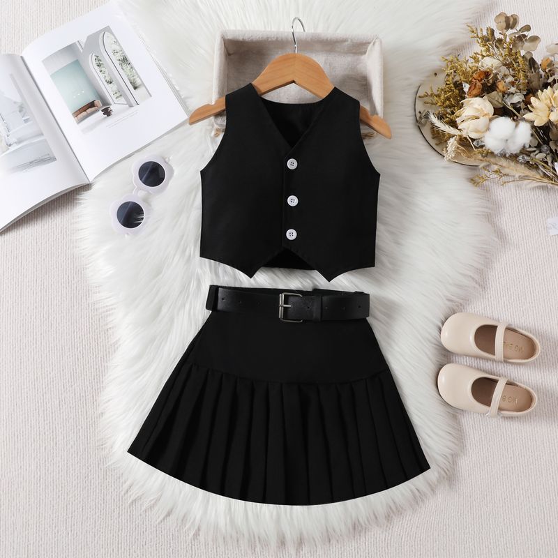 Mother & Kids Cross-border new style girls fashionable V-neck solid color single-breasted vest top pleated skirt belt three pieces_voghion.com