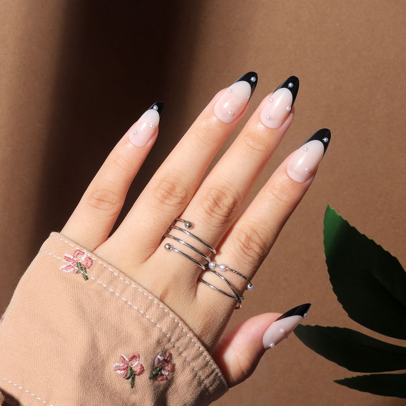 Elegant French Black Pearl Press-On Nails With Rhinestones - Almond Shape Fake Nails For Women, Reusable Glue/Gel Compatible False Nails_voghion.com