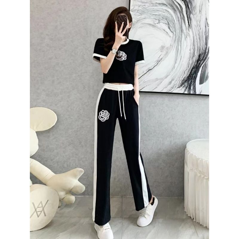 Women's casual knitted suit for women in summer, thin style, fashionable and fashionable, age-reducing wide-leg pants, fashionable two-piece set_voghion.com