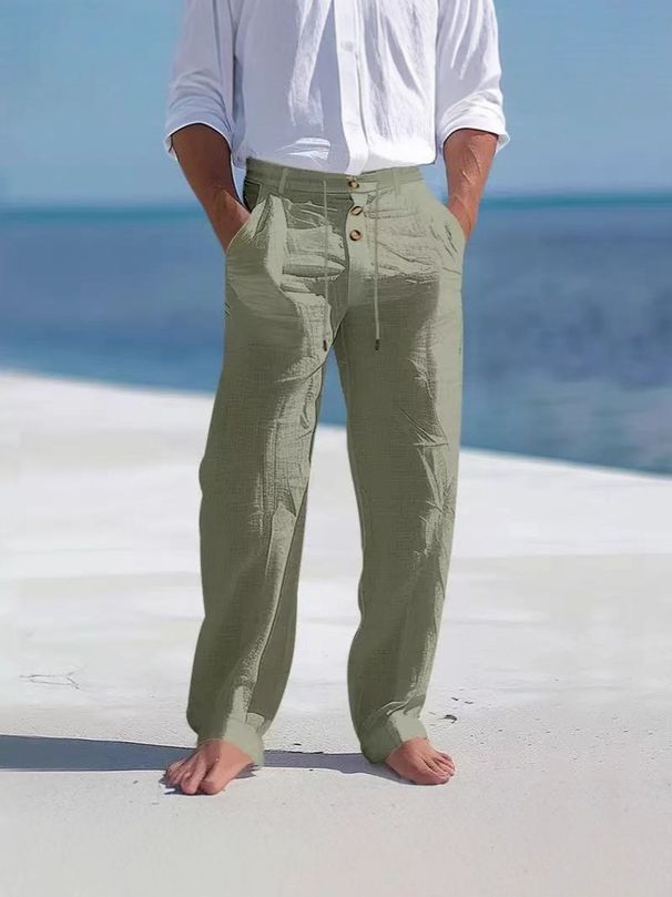 Men's Cotton Linen Drawstring Pants With Button Decor - Straight Leg Breathable Summer Beach Trousers For Casual Comfort_voghion.com