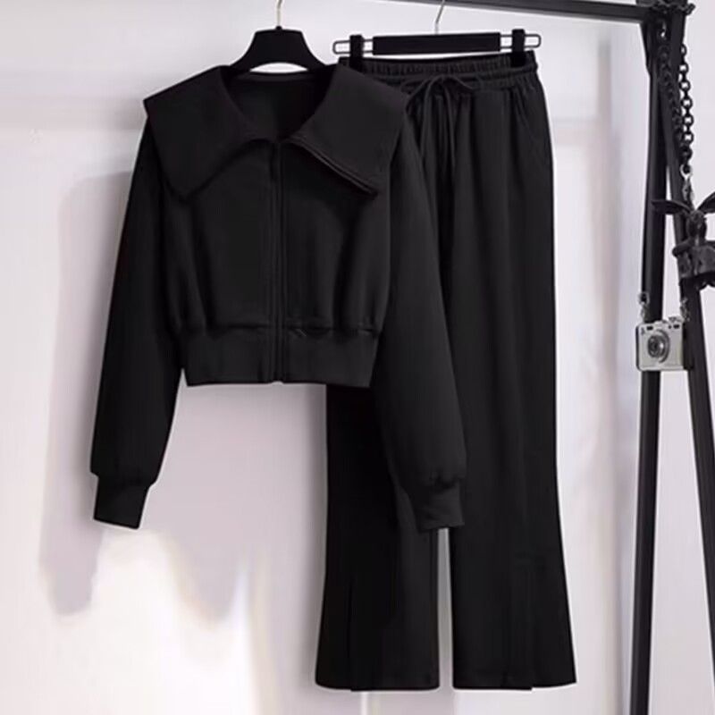 Damenbekleidung, modischer lässiger Pullover, lässiges Trainingsanzug-Set, kurzes bauchfreies Top, Hose mit weitem Bein, zweiteiliges Outfit, Herbst-/Wintermode, Sweatshirt, Jogger-Set_voghion.com