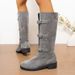 Bottes hautes à talon épais pour femme, mollet large, avec boucle et effet froissé - Daim souple et cuir véritable - Bottes à bout rond et talon mi-haut_voghion.com
