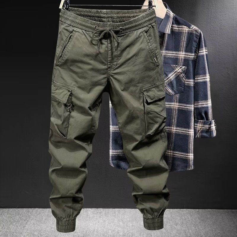Pantalon cargo tactique pour homme – Vêtements de travail d'extérieur vert armée avec poignets amples, tissu en coton résistant pour la randonnée et les loisirs._voghion.com