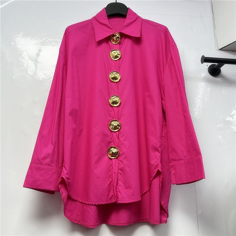 Abbigliamento da donna, inizio primavera, nuovi bottoni tridimensionali resistenti, design di nicchia, larghi e versatili, camicia da donna media e lunga_voghion.com