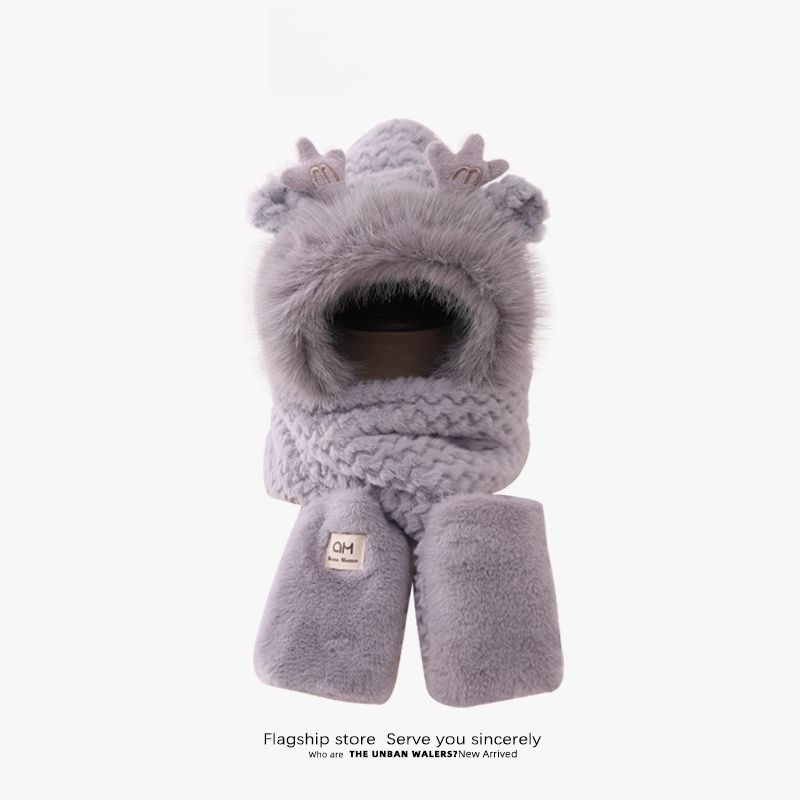 Winter-Set für Kinder: Dreiteiliges Set mit Geweihmotiv, haarigem, warmem Ohrenschutz, dickem Schal, Handschuhen und Mütze für Jungen und Mädchen._voghion.com