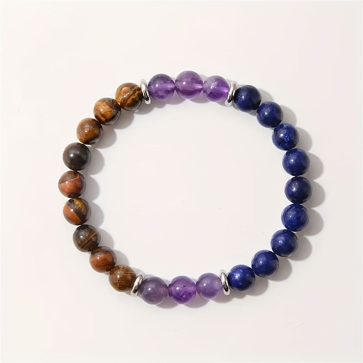 Natural Stone Bracelet – Amethyst, Lapis Lazuli & Tiger Eye Gemstone Healing Jewelry, Adjustable Elastic String_voghion.com