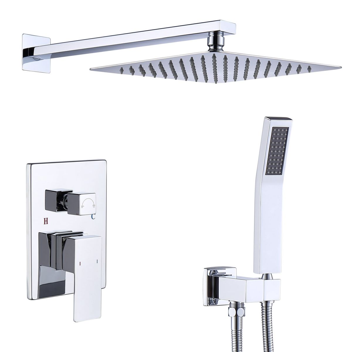 Shower System Shower Faucet Combo Set Wall Mounted With 12" Rainfall Shower Head And Handheld Shower Faucet, Chrome Finish With Brass Valve Rough-In_voghion.com