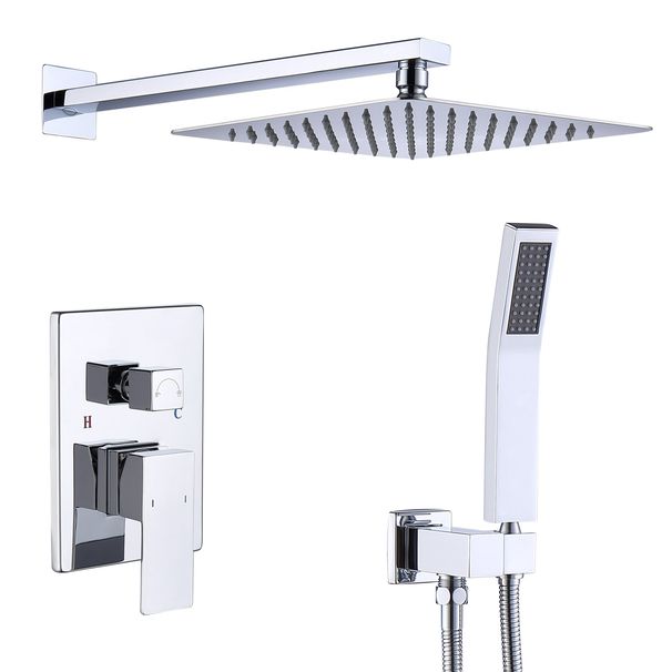 Shower System Shower Faucet Combo Set Wall Mounted With 12" Rainfall Shower Head And Handheld Shower Faucet, Chrome Finish With Brass Valve Rough-In_voghion.com