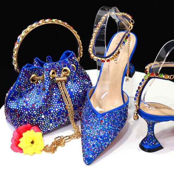 Scarpe alla moda classiche con punta argentata per le donne, con tacco a calice di vino, borsa a secchiello con diamanti colorati, taglia grande 41 42 43_voghion.com