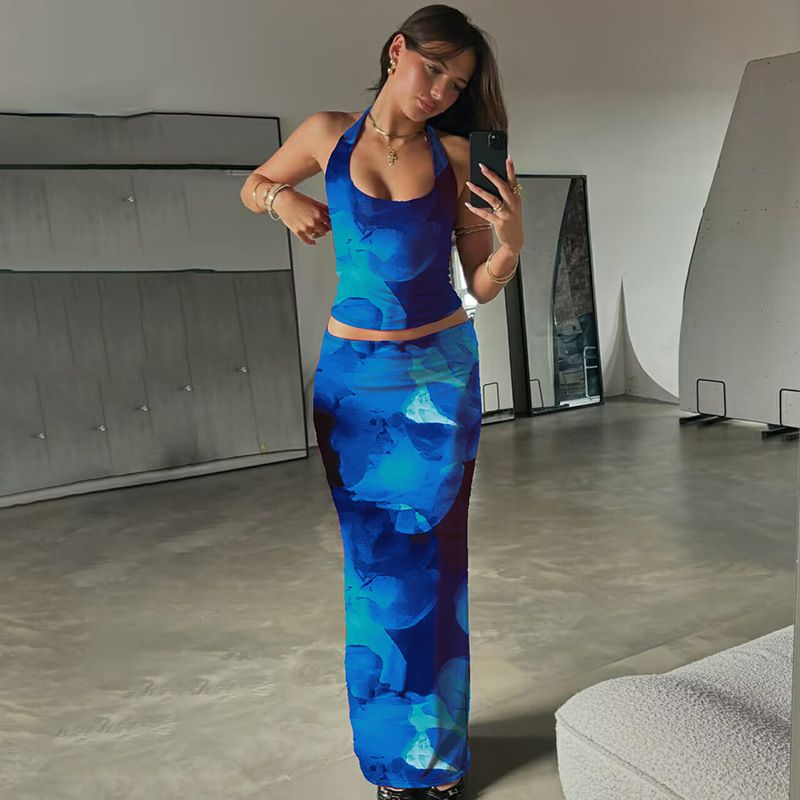 Vêtements d'été pour femmes, nouvelle mode, imprimé, sexy, col en U, petit gilet, jupe slim_voghion.com