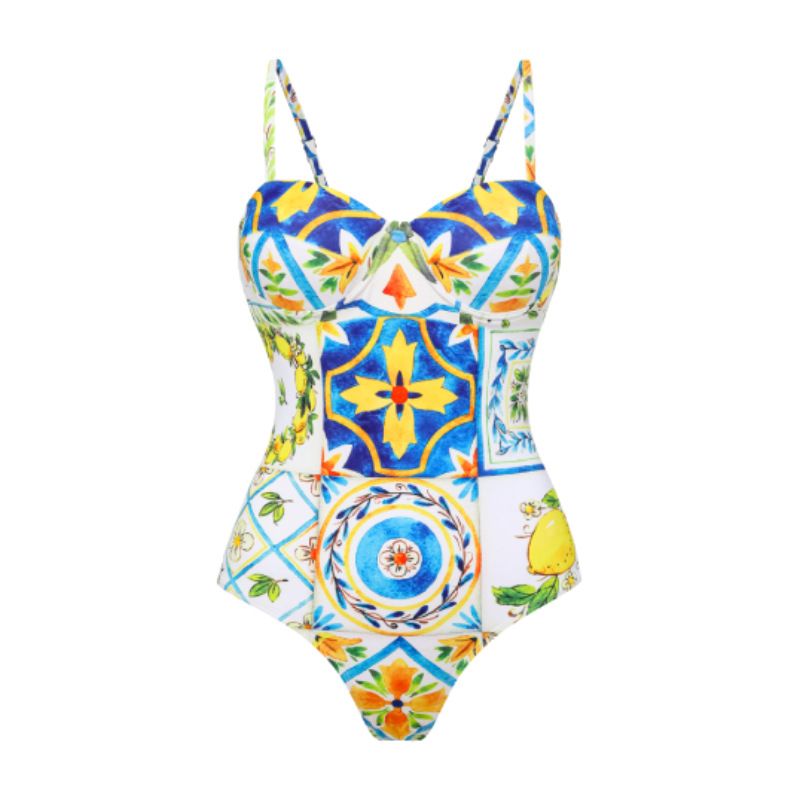Maillot de bain une pièce dos nu imprimé citron et tailleur jupe portefeuille pour femme_voghion.com
