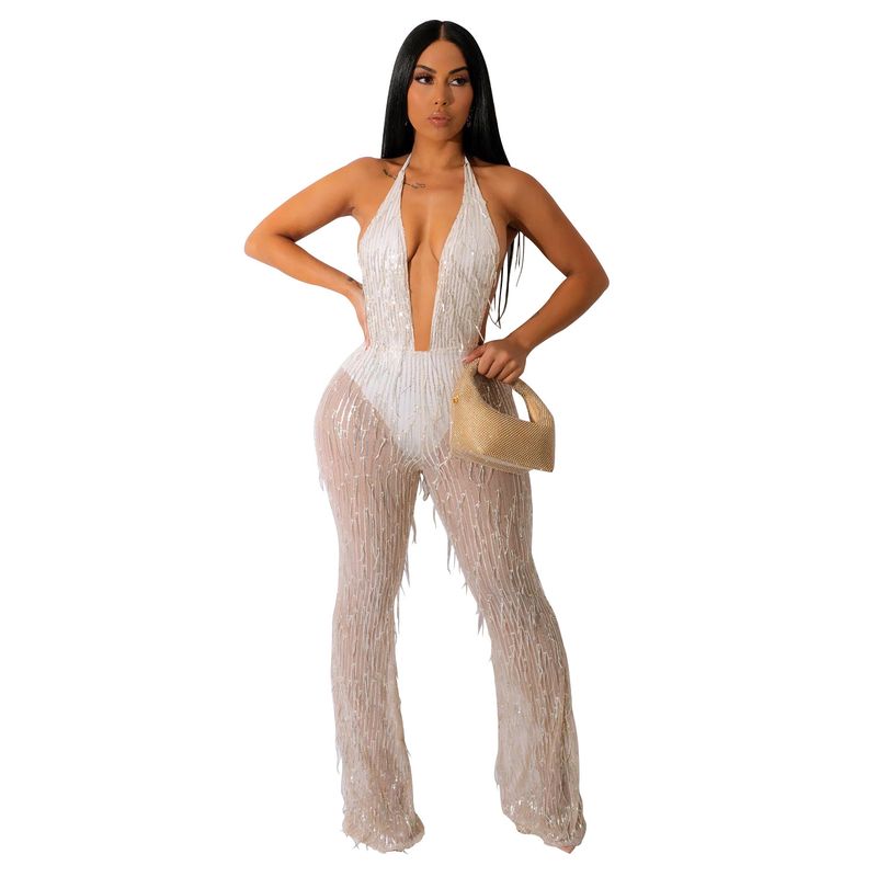 Women's sequined tassel mesh transparent sleeveless trousers jumpsuit_voghion.com
