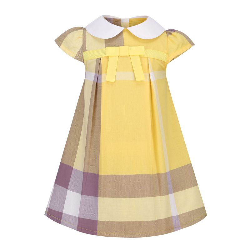Vestido xadrez para meninas, novo verão de 2025, gola virada para baixo, estilo boneca, com laço, manga curta_voghion.com