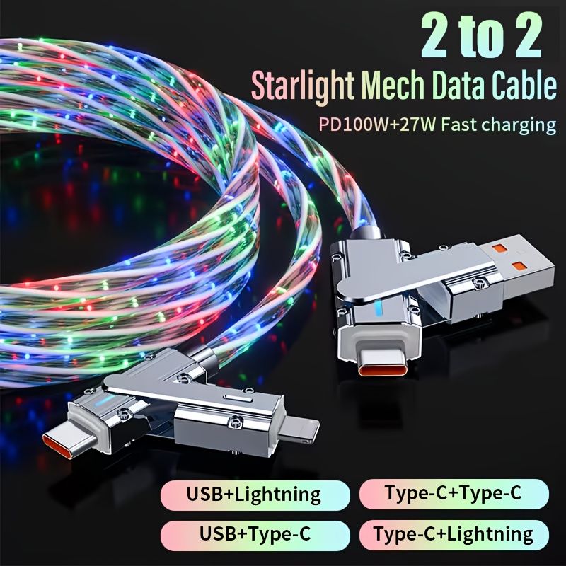Cavo dati USB Lightning di tipo C in lega di zinco multicolore a LED Starry Sky con ricarica rapida 4 in 1, cavo USB LED da 100 W_voghion.com
