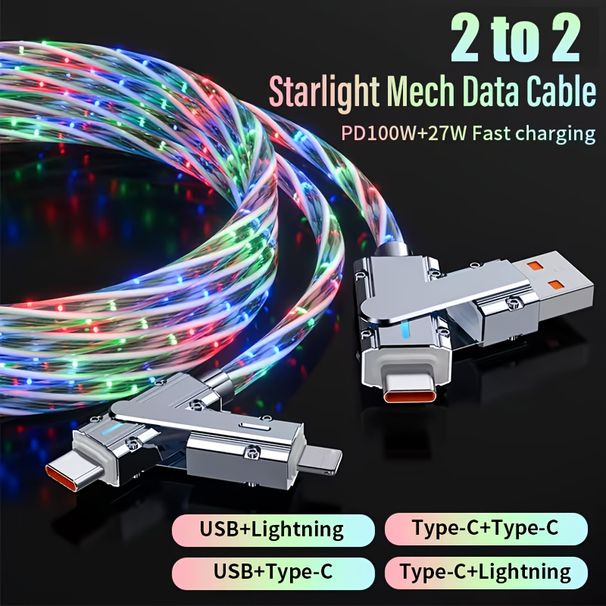 Cavo dati USB Lightning di tipo C in lega di zinco multicolore a LED Starry Sky con ricarica rapida 4 in 1, cavo USB LED da 100 W_voghion.com