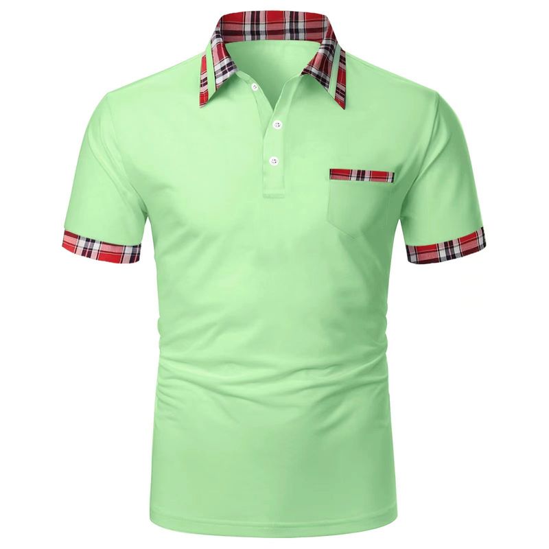 Men's Short Sleeve Plaid Color Block Button Pocket Polo Shirt_voghion.com