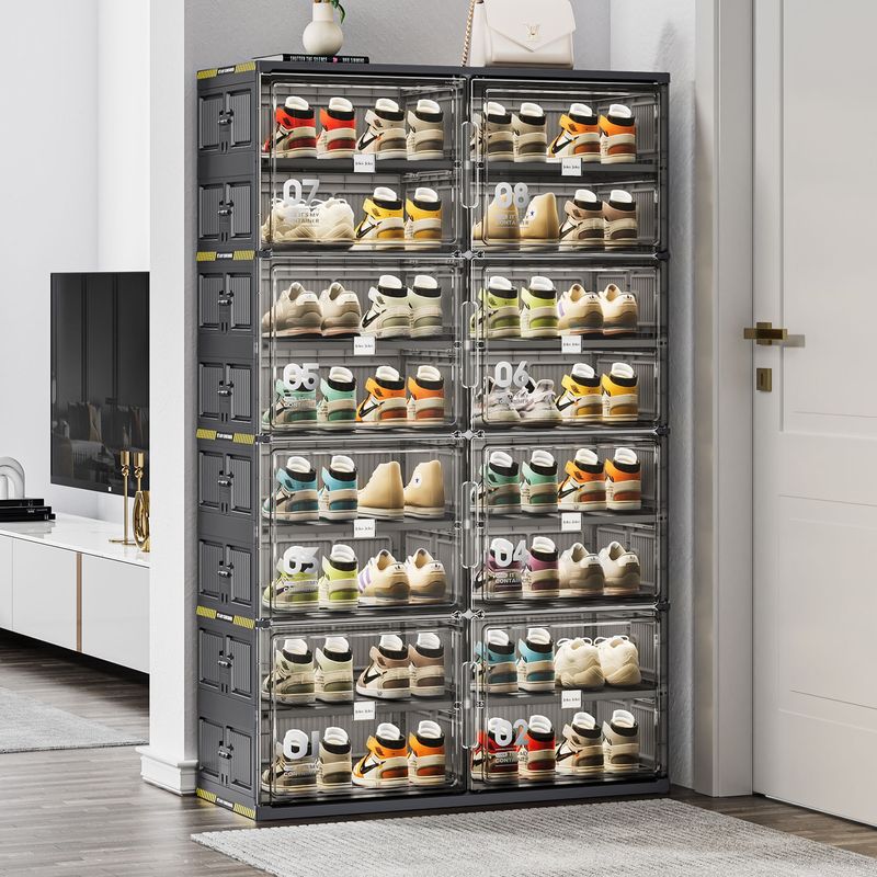 8 Tiers 32 Pairs Hard Plastic Shoe Storage Organizer Cabinet For Entryway, Large Stackable Collapsible Sneaker Shoe Box Organizer For Closet, Portable Folding Shoe Cabinet With Doors, Black_voghion.com