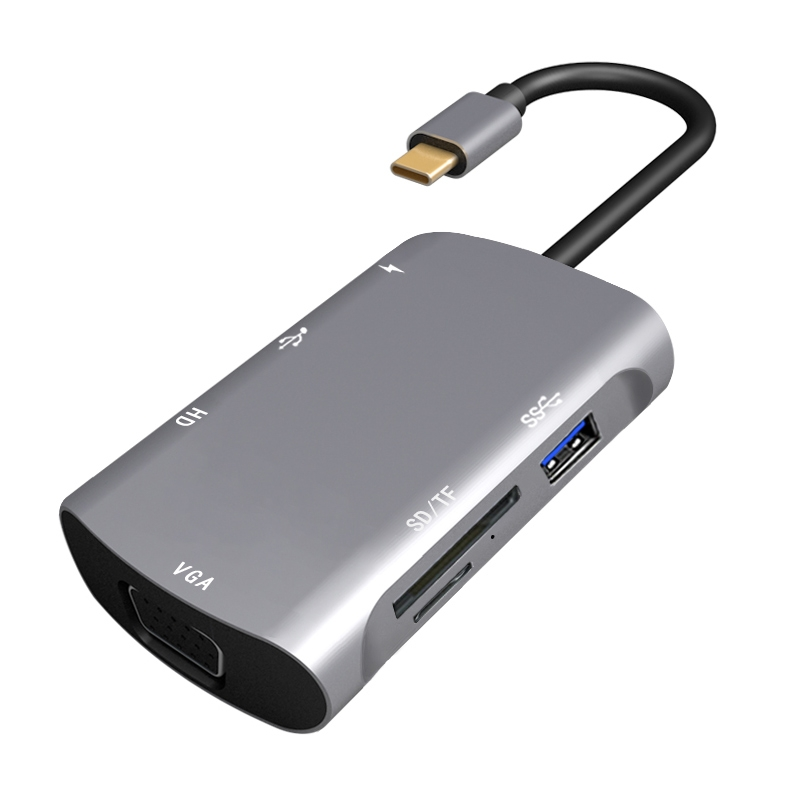 7 In 1 Type C / USB-C to PD + HDMI + VGA + USB3.0 + UB2.0 + SD / TF Multi-function Type-C / USB-C HUB Docking Station_voghion.com