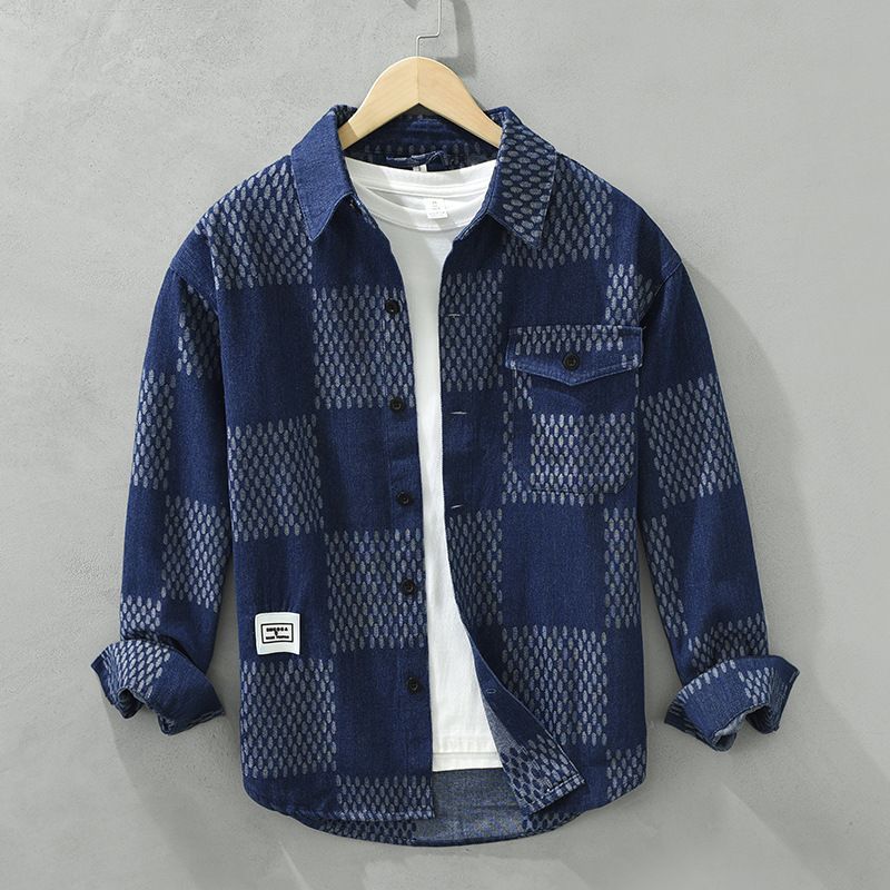 6656 Japanese retro contrasting stitched long-sleeved shirts, loose fashionable, versatile, literary and casual shirts, one piece of hair_voghion.com