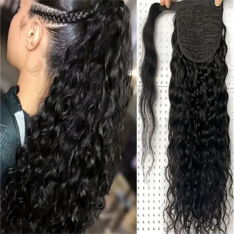 Extension per coda di cavallo riccia avvolgente, parrucche per capelli umani Remy brasiliani neri naturali, 8-32 pollici_voghion.com