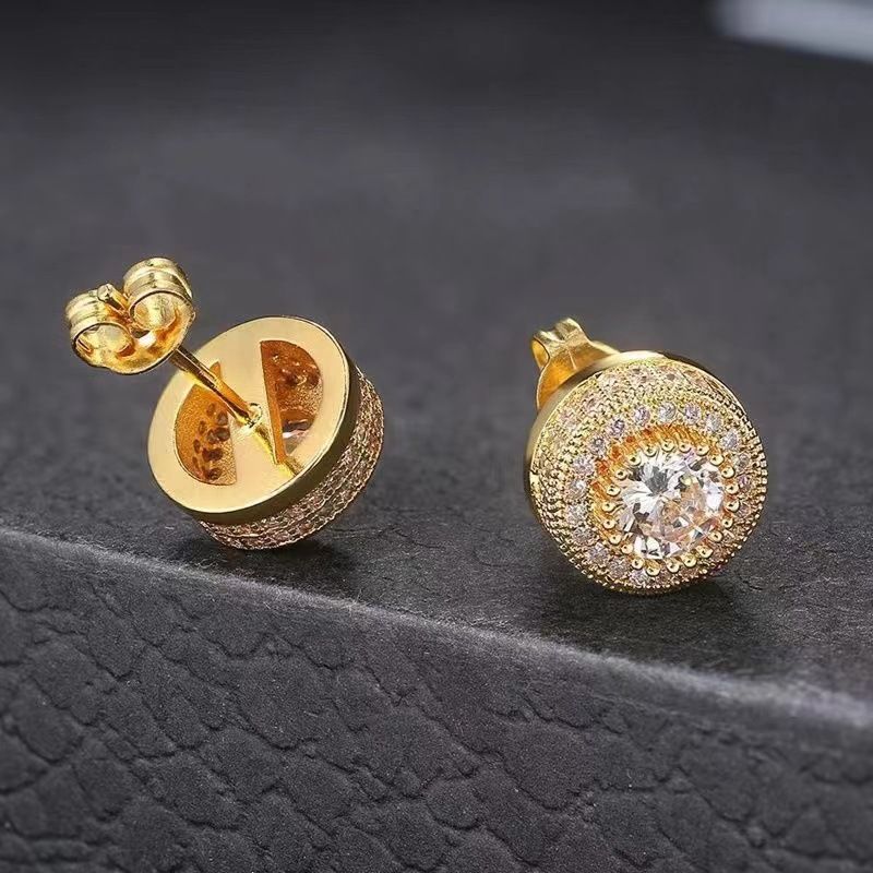 Earrings for men's hip-hop, round, full diamond, zircon earrings, trendy, niche, luxurious, and high-end earrings_voghion.com