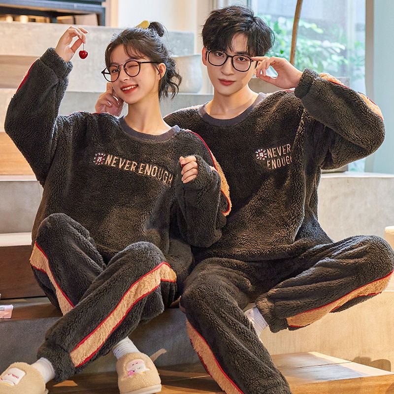 Paar Flanell-Pyjamas für den Herbst, langärmelig, für Männer und Frauen, wärmend, für den Wintersport, mit dickem Korallenvlies für den Außenbereich_voghion.com