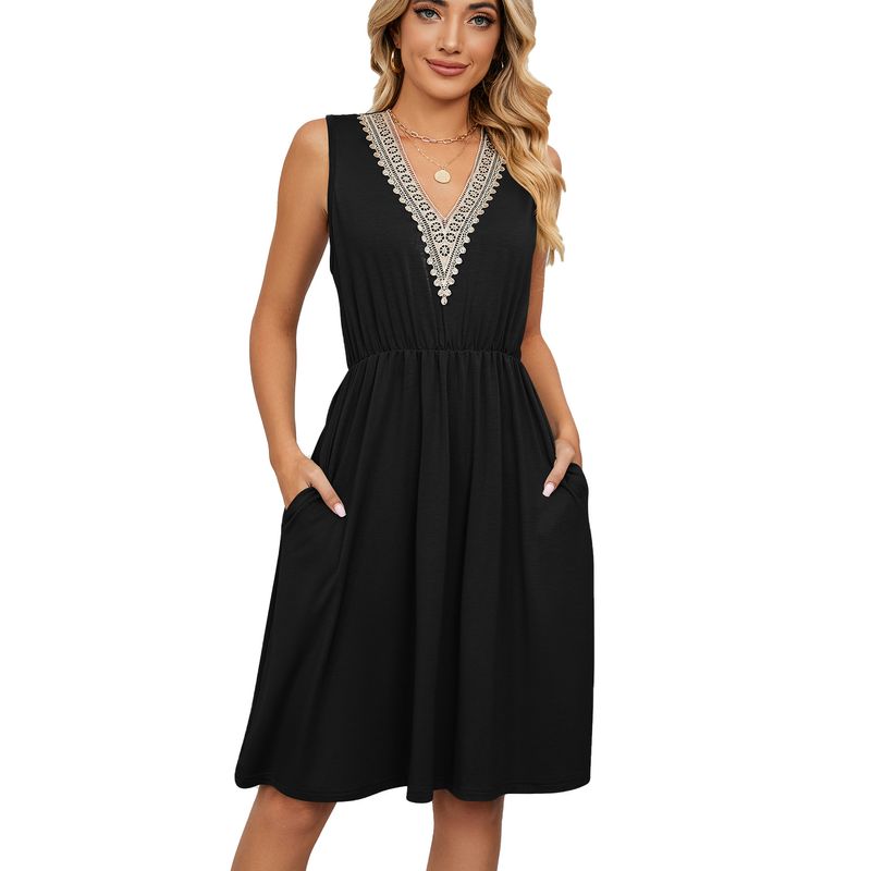 Einfarbiges, ärmelloses Damenkleid mit V-Ausschnitt, Spitzeneinsatz und Taschentaille_voghion.com