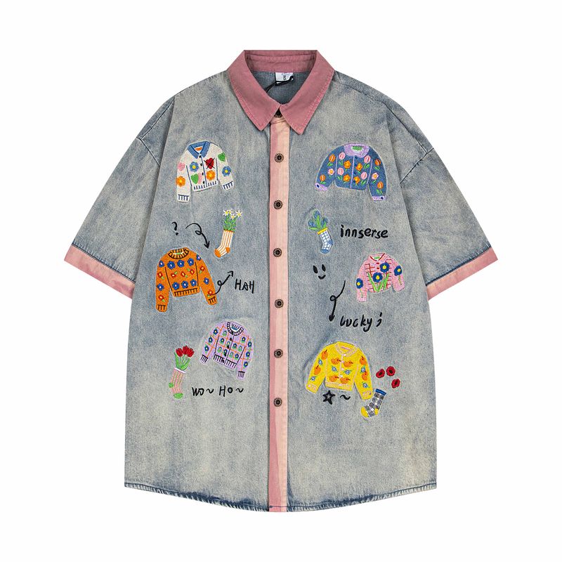 Camicia a maniche corte in denim colorato da uomo e da donna, design estivo, camicia da coppia Bf di nicchia_voghion.com