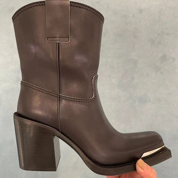 26ss New Miu Style High-End Square-Toed Ankle For Women Summer Thick Heel Genuine Leather Black Women's 's_voghion.com