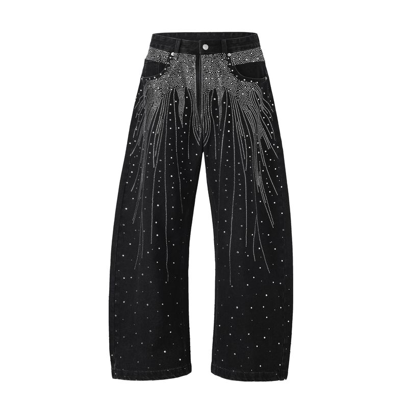 Jeans a gamba larga, larghi e lavati, da uomo, modello High Street, con effetto perlato e diamanti sovrapposti_voghion.com